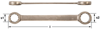 Two views of a straight-type double box-end wrench. The upper view displays the twelve-point wrench in profile, while the lower view shows it laying flat with measurement annotations indicating sizes at each end, labeled "s1" and "s2